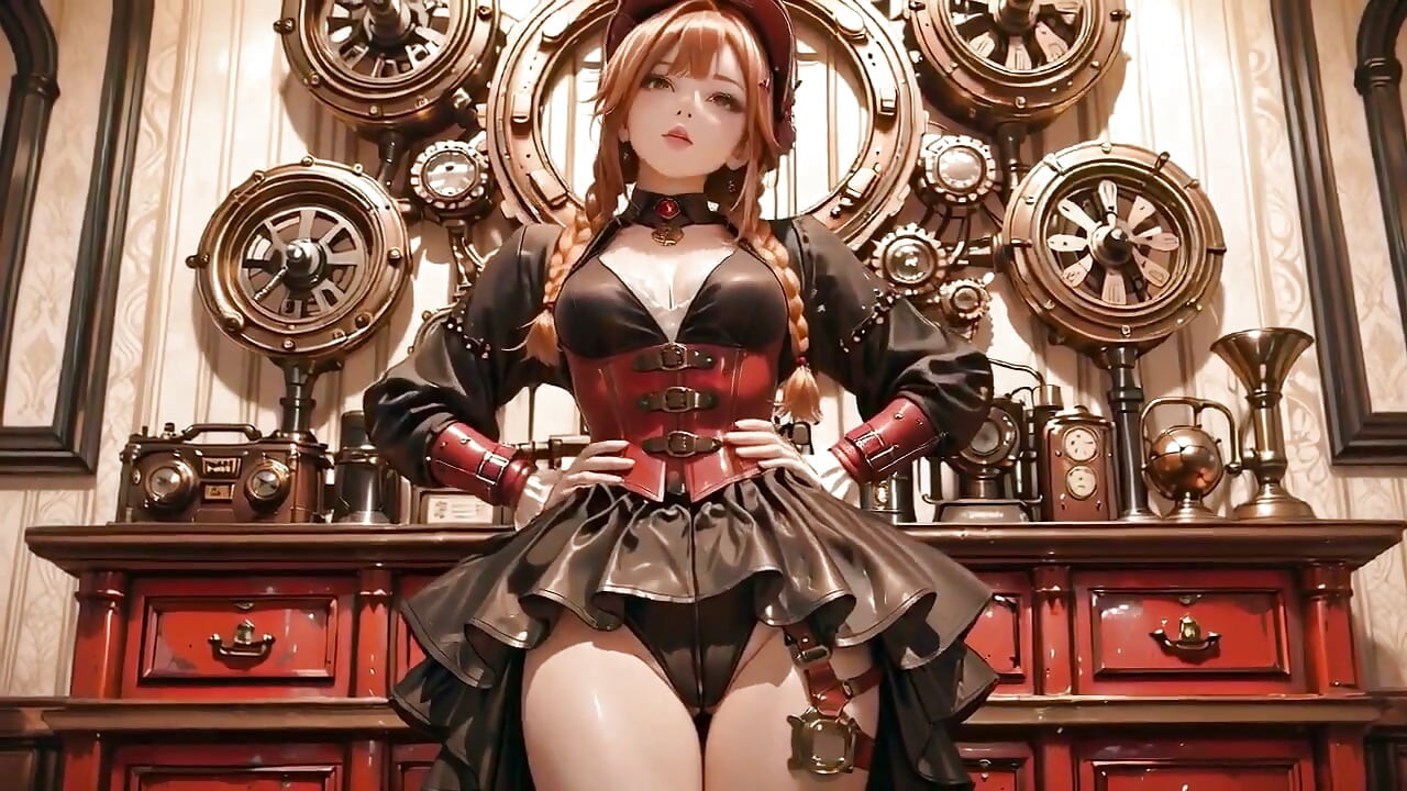 빨간 머리 스팀펑크 소녀! 우아한 서 있는 것에서부터 무릎을 꿇고 시선을 사로잡는 순수한 흰색 배경에 대해 놀리는 검은 바디수트.