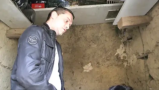 French brunette gives a juicy blowjob in a fall down house