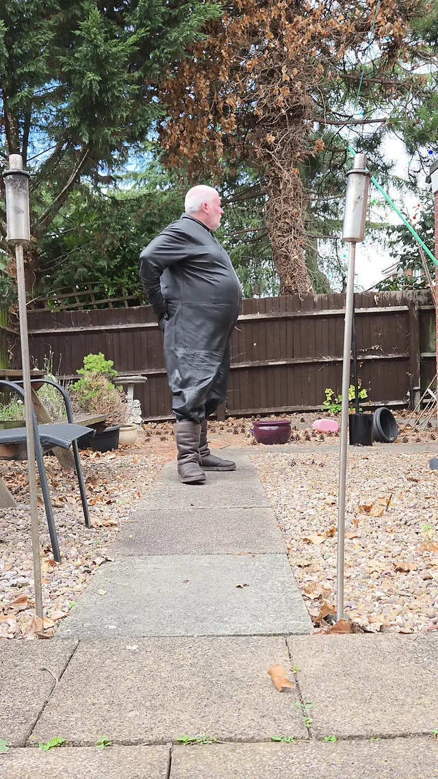 Leather Overalls in the Garden