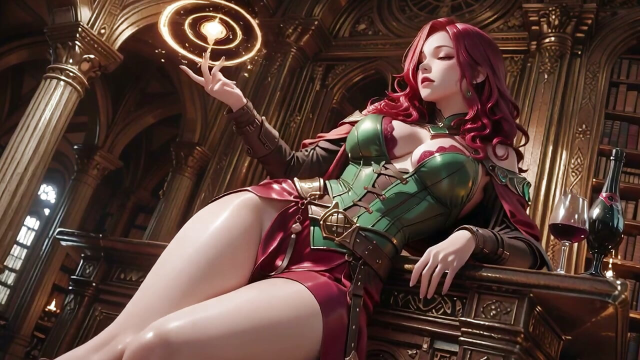 붉은 머리 마녀가 깨어난다! 고딕 성당 안에서 무릎을 꿇은 그녀의 치마가 올라가며 황금빛 후광이 그녀를 감싼다.