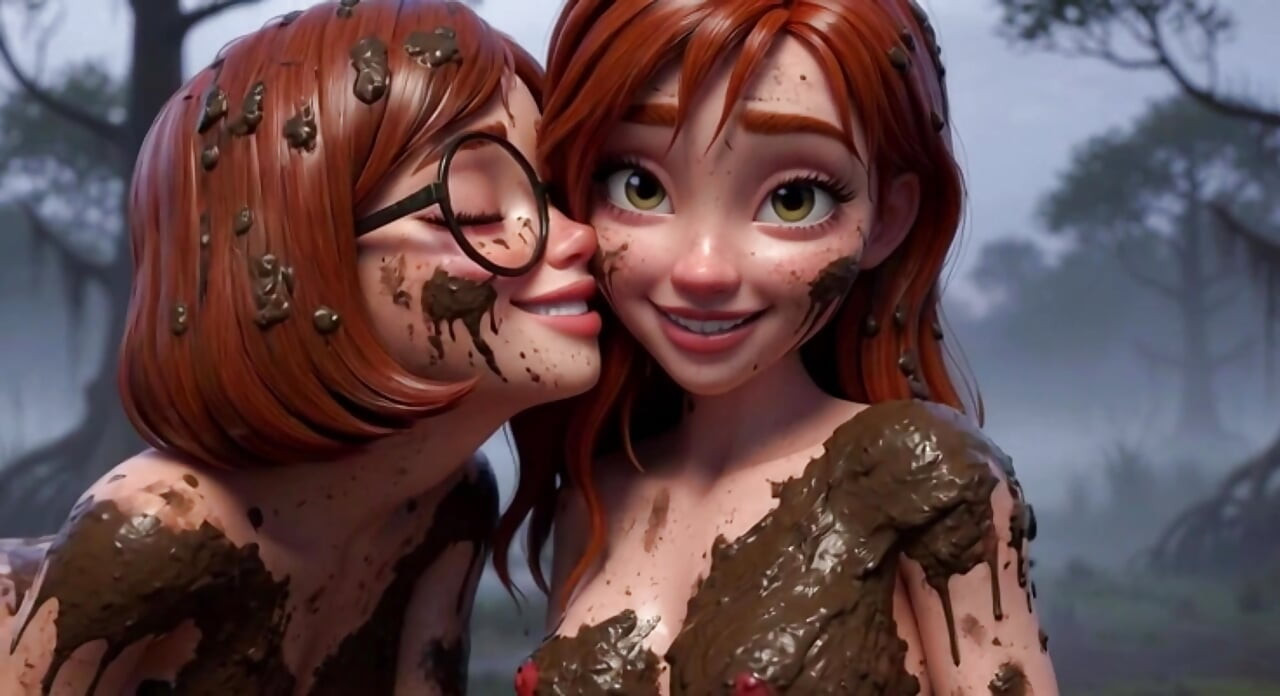 Two stunning women lose their clothes in a dark swamp searching for their friend and end up naked in the mud (AI generated)