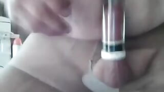 Pantyhose cock pumping with vacuum cleaner