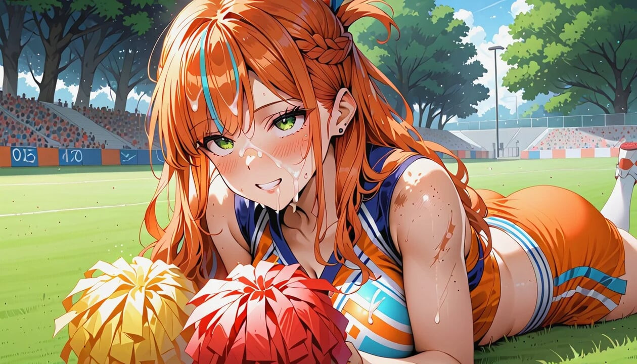 La líder animadora pelirroja de grandes tetas lo toma en cada agujero