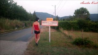 Flashing exhib on the road to Les Reys, anal tail plugged