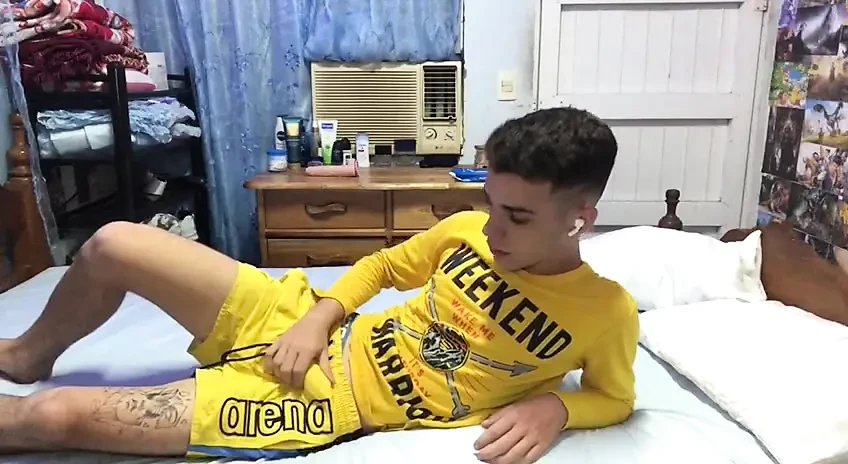 Energetic Latino twink CubaBoy wanks in his football wear, then in his underwear, and then in his own cum