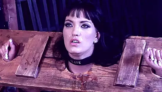 Sir Hector dominate his brunette submissive slut slave girl tied up in pillory with sucking