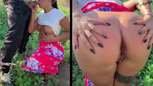 Doggystyle creampie with blowjob in nature from a girl in a dress