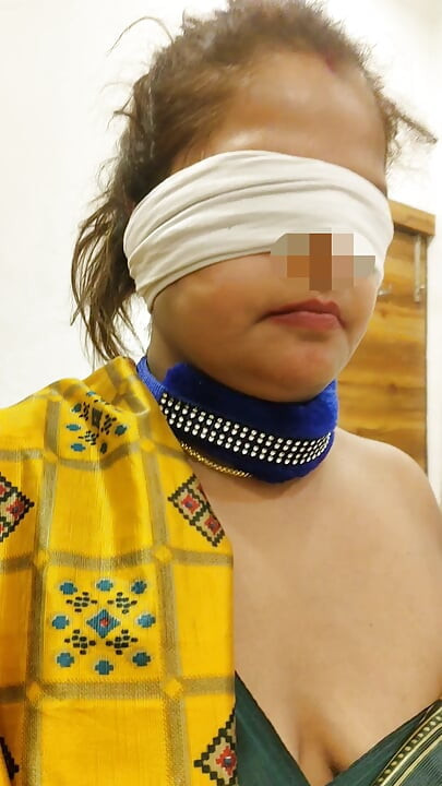 Blindfold Indian Traditional Real wife Olivia cheated to be used as Slave Dog by her Master in Saree in Slap Blowjob Training