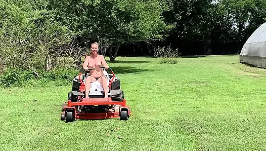 Titties out Riding lawnmower outdoors