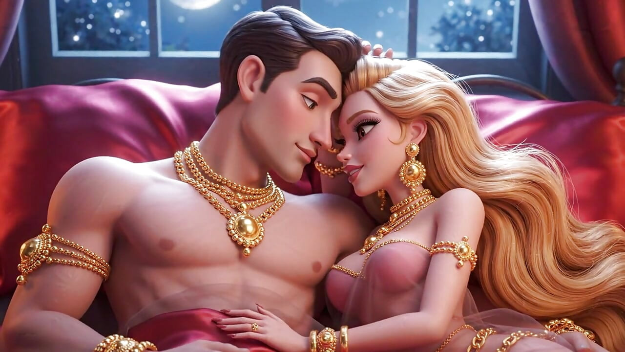 Erotic Fantasy Romance - casal de jóias douradas beijando fundo e brincando na cama