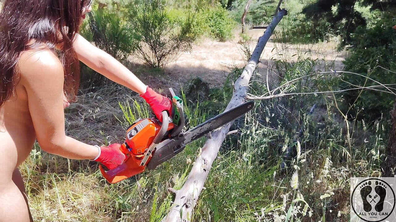 Gasoline Chainsw Naked Girl Cutting Branches