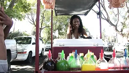 Sexy and busty black slut eats a huge black cock