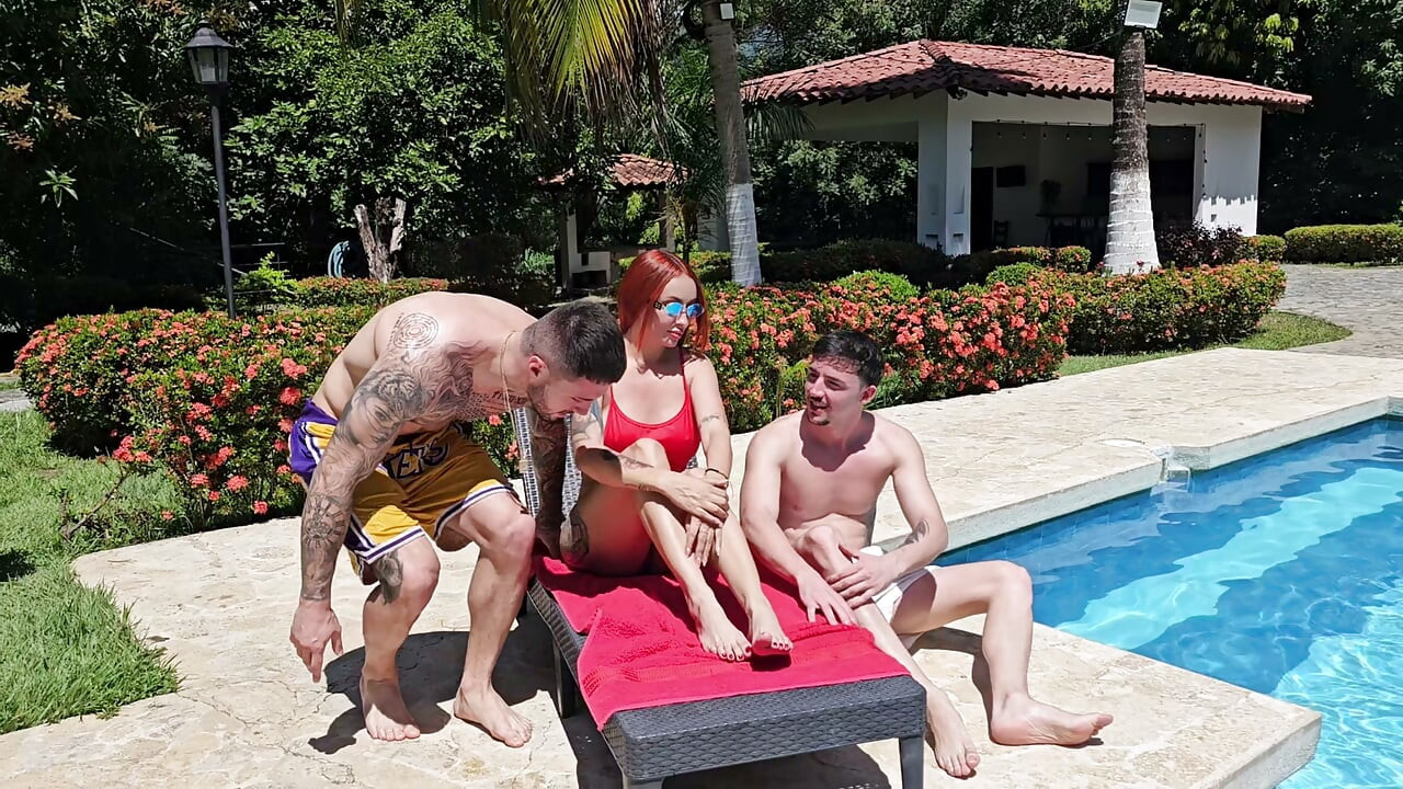 Threesome with the hotest lifeguard, readhead latina with big tits and ass - Andrea Castro