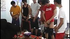 Asian twinks group tugging their unshaven dicks for cumshot