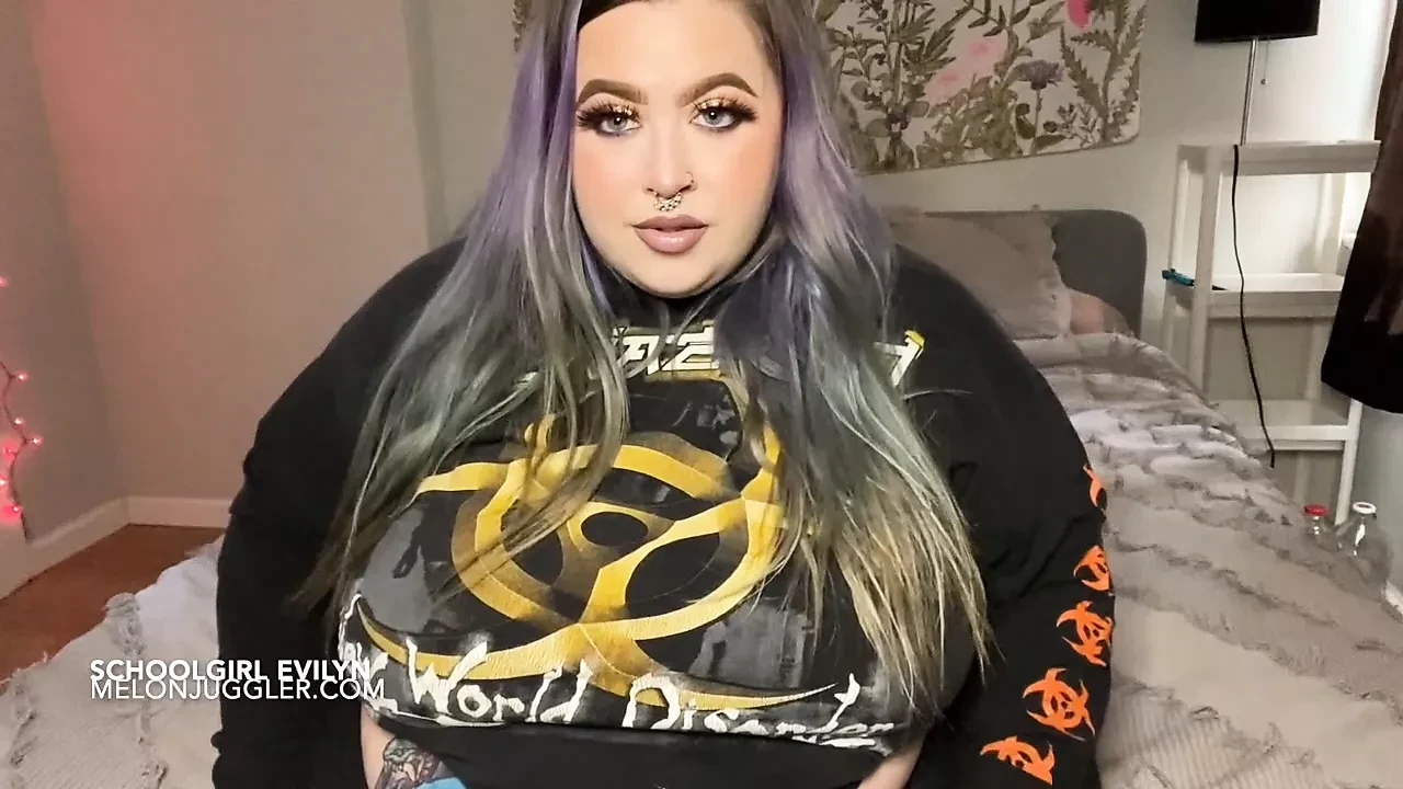 Huge boobs & belly inked SSBBW schoolgirl riding a big cock