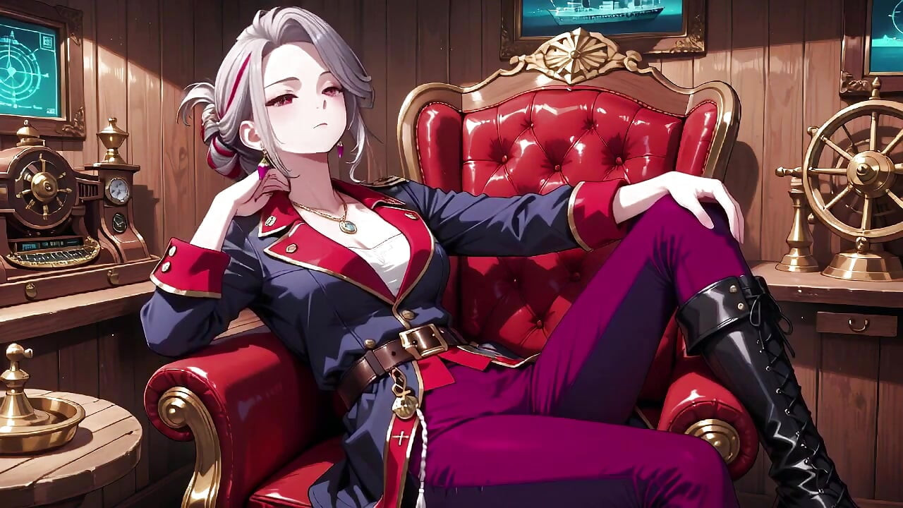 Silver-Haired Pirate Queen! Sun-drenched ship cabin, navy uniform slightly damp, kneeling with a teasing gaze.