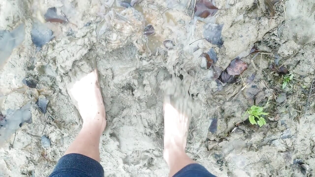 Stepping in Mud Barefoot - Dirty Feet and Jerk off and Stepping on Own Cum at the End