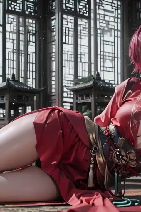 Purple-haired War Maiden in High-slit Kimono, Kneeling to Tease Your Eyes with a Fiery Gaze and a Wet, Forbidden Whisper.