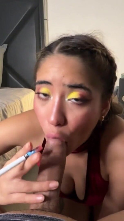 Smoking Hot Blonde in Red Dress: Cigarette Blowjob and Deepthroat | Clip 1