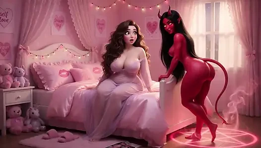 Red Desire Awakens dalam Panggilan Penuh Gairah di Ranjang Merah Muda (AI generated)