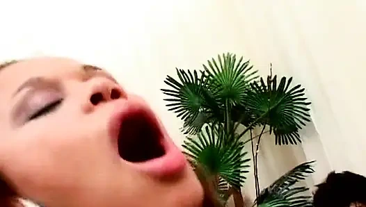 Büyük memeli genç kız sert çifte penetrasyonlu üçlü sikişten sonra döl yiyor