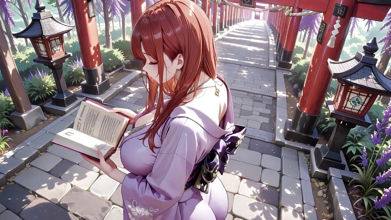 Roodharige kimono-godin! Knielend onder de heilige Torii-poort past ze haar doorweekte rugloze outfit aan met een verlegen blik.
