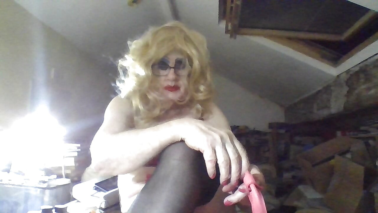 Desperate smoking slag Sarah Shitcunt fucks her hole with a toothbrush, bottle and  huge dildo