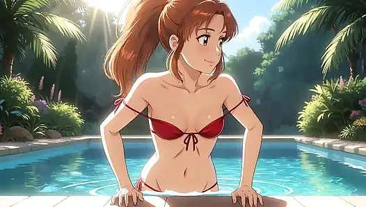 Девушка с ИИ чувственно у бассейна - Студио Ghibli Style