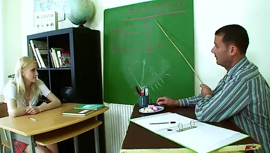 Skinny girl sucks teachers massive cock then gets it into her cunt