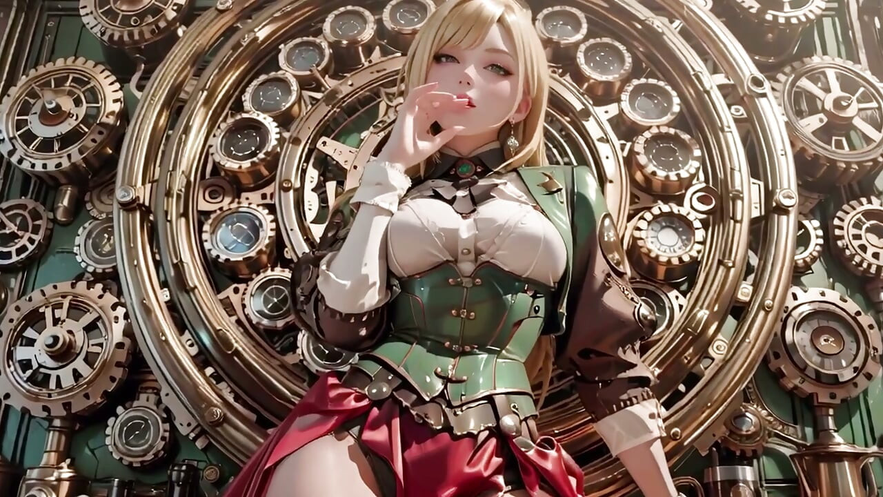 Steampunk Blonde Secretary! Lazy poses amidst giant gears, adjusting goggles with a teasing gaze.