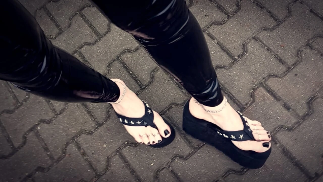 public crossdressing - latex leggings and thong platforms