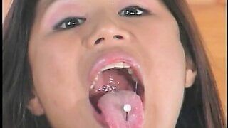 Gorgeous young perky tit asian loves dp fucking and drinking two jizz loads