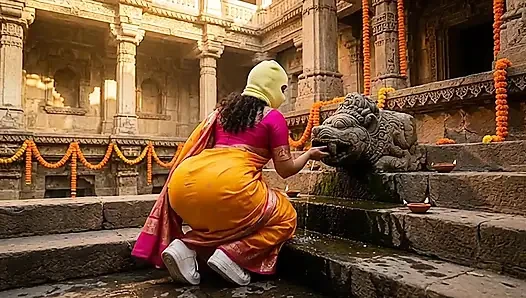 Indian Girl with Massive Ass Touching Ancient Statue