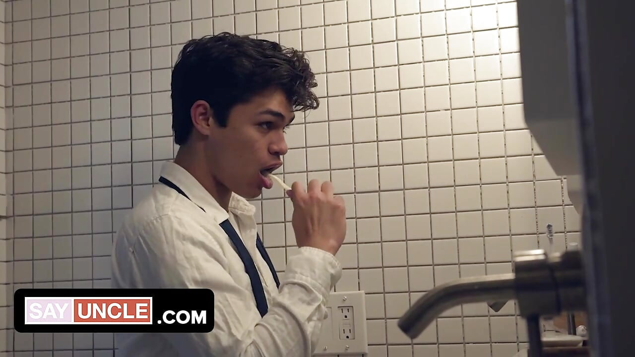 Horny boy elder Argos surprises innocent teen for a sensual pounding in the bathroom
