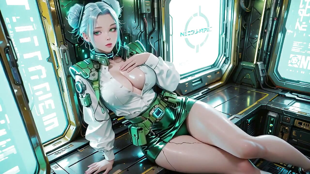 Cyber Warrior Fantasy! Ασημομάλλα Ομορφιά με Πράσινη Μεταλλική Πανοπλία, Εναλλασσόμενη ανάμεσα σε Νεονικές Οδούς και Αγνά Λευκά Υπνοδωμάτια.