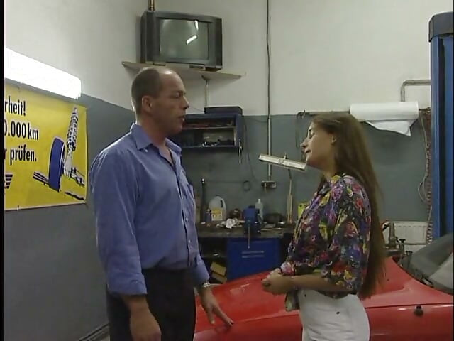 Brunette teen gives blowjob and gets fucked by older car shop owner