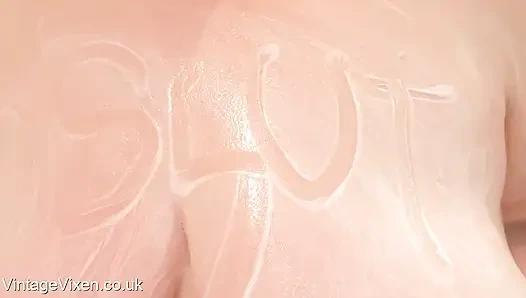 WRITING ON MY MATURE BBW SAGGY TITS