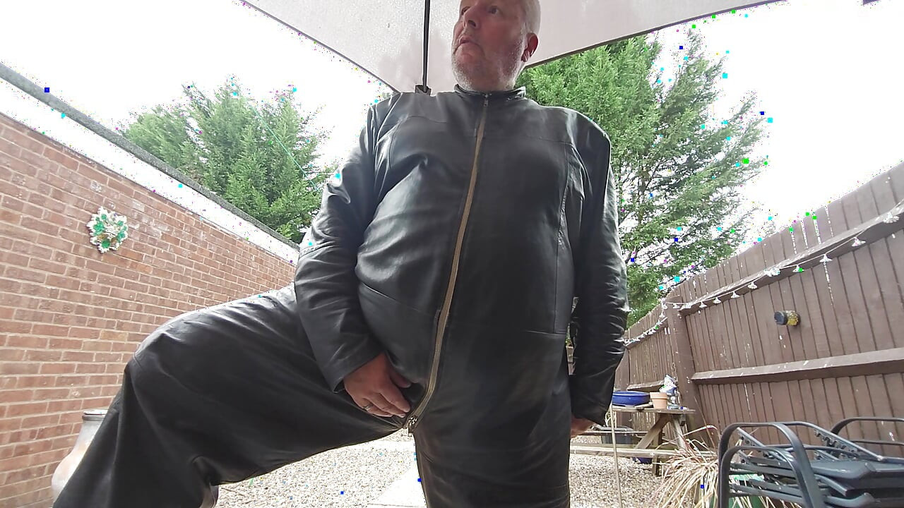 Leather overalls outside in the garden