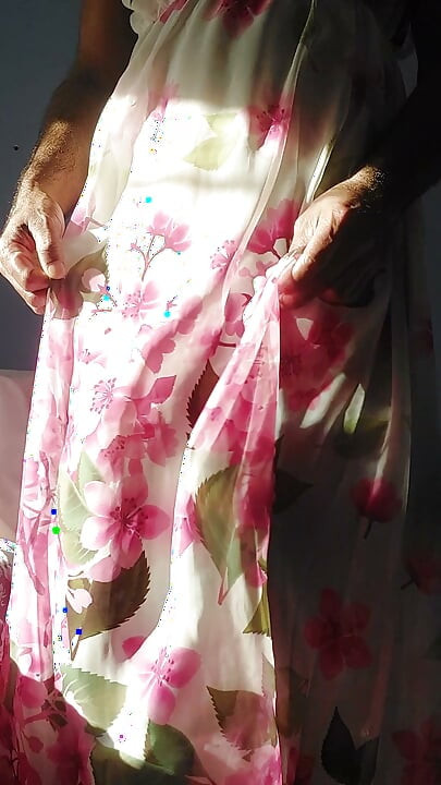 Shemale masterbate and cum in a silky seethrough Chiffon Fleared floral frock