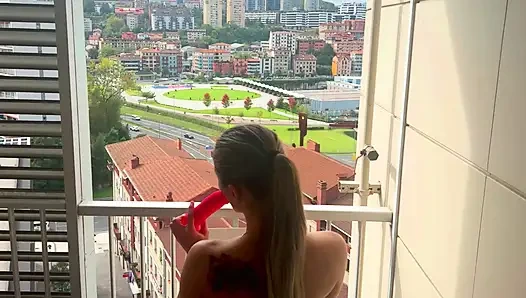 Busty Blonde Masturbates on the BALCONY and Squirts !