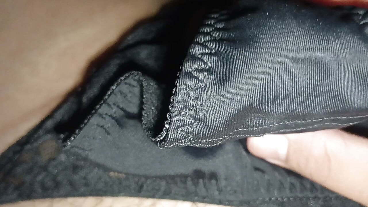 Cumming in my Step sisters Unwashed Black satin Thong while flexing her Other Silk and satin Thongs and T back