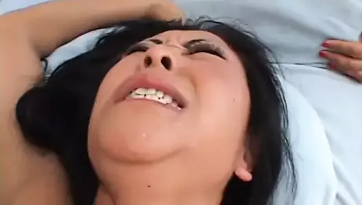 Asian with nice big tits sucks a big dick and gets fucked in her tight cunt