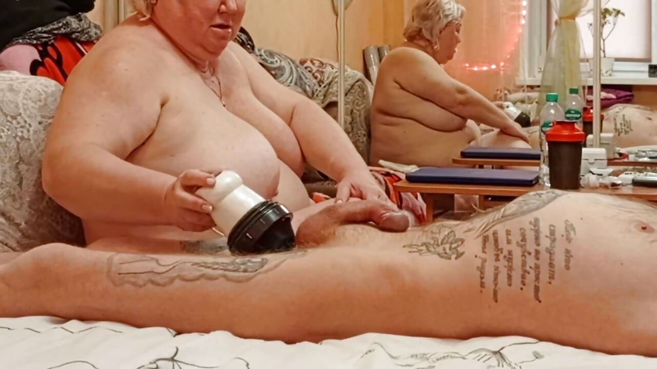Mother-in-law Massages Cock and Balls, Then Sucks Cock and Gets a Mouthful of Cum