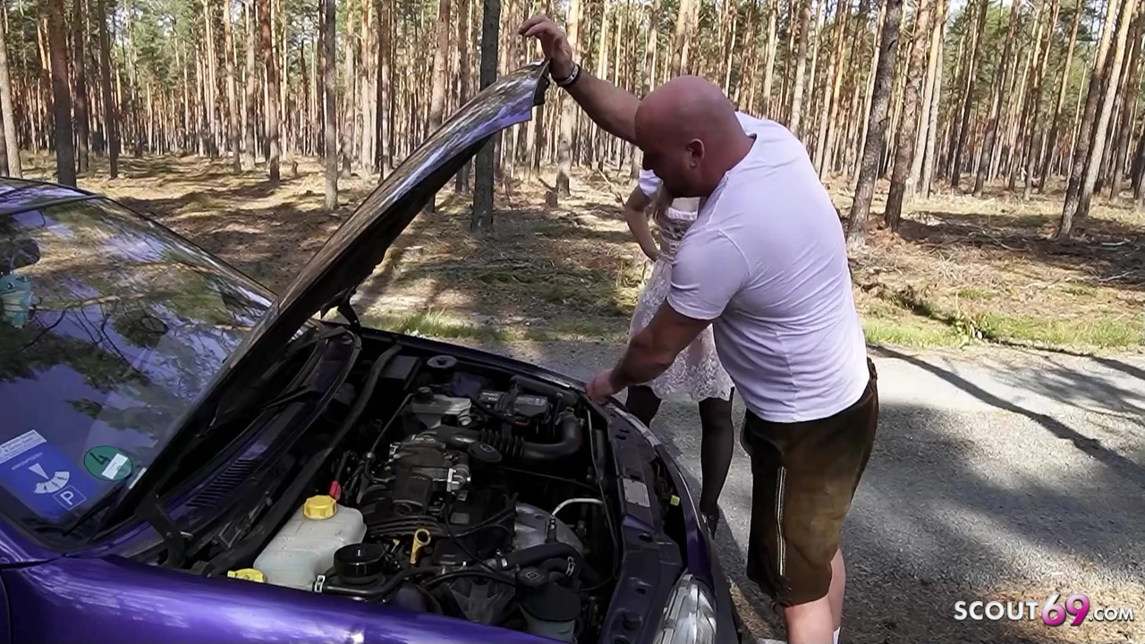 Petite German Glasses Girl TinyEmily give Stranger a Fuck for help with Car breakdown