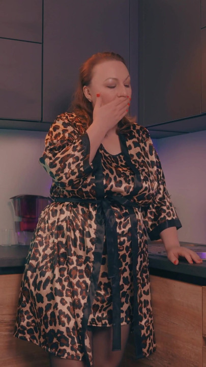 Kitchen Anal Ass to Mouth - Latina MILF in Leopard Robe Gets Fucked Hard by Skinny Stepson & Cum in Coffee