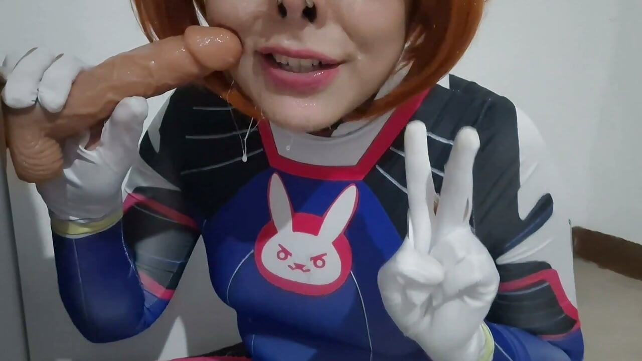 Full Version: Femboy with Dva Cosplay and BDSM Nosehook Giving a Blowjob, Eating Cum and Deepthroat to Big Dildo