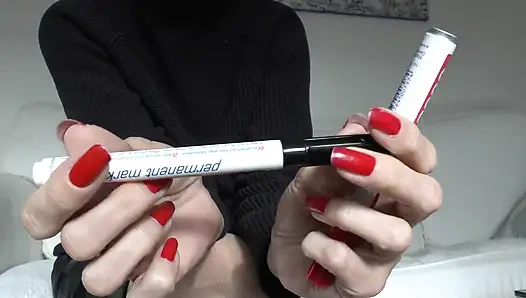 Slave Marking with Pen, Beautiful Red Fingernails, Lady Victoria Valente