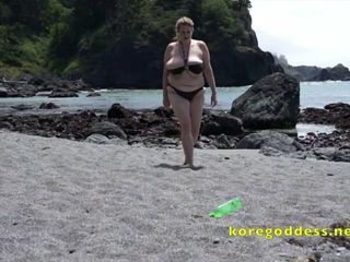 Une femme à gros nichons à la plage se masturbe