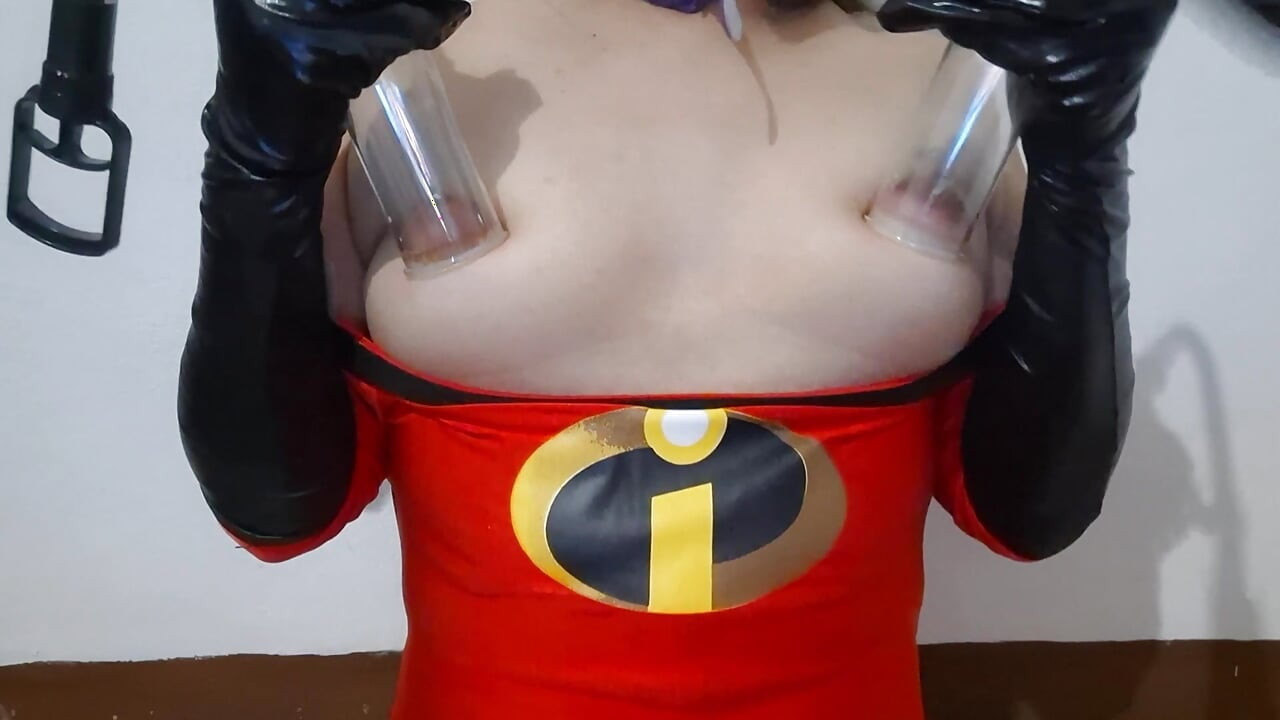 Cute Trans Elastic Mommy Tit Slap and Lactating after Pumping her Tits with Vacuum Milking Machine