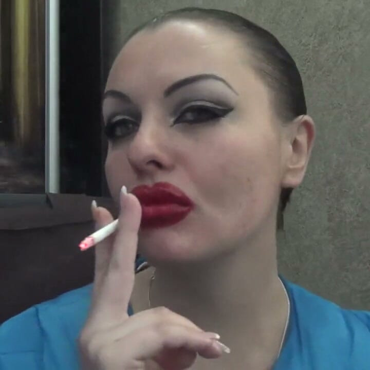 Sexy make-up huge red lips smoking